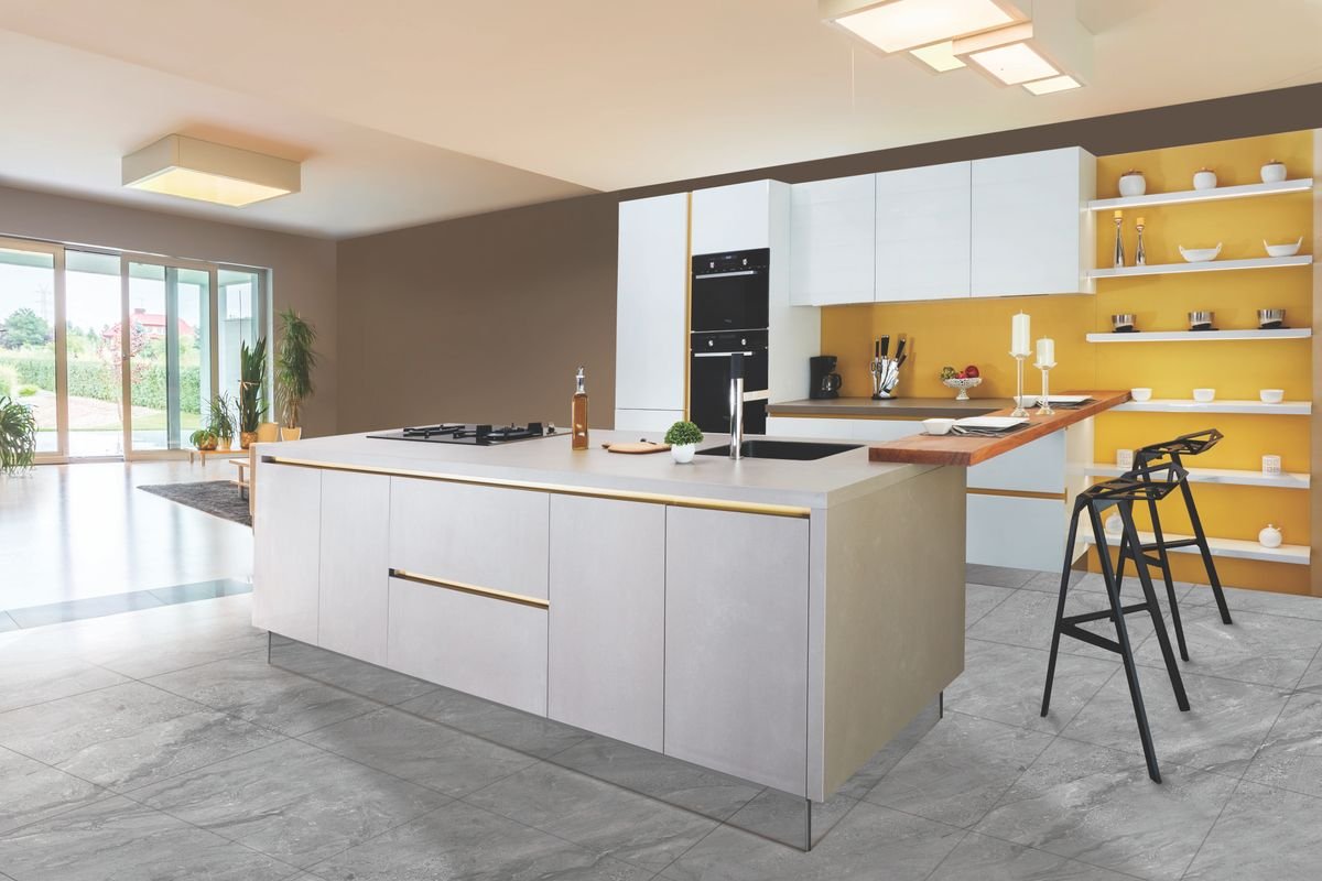 Modular kitchen with island, cabinets and bar stools